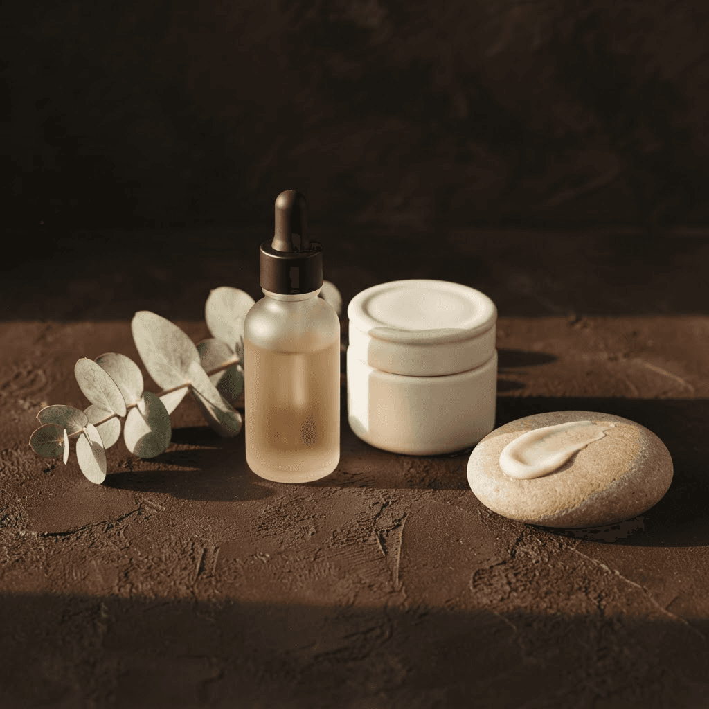 VANA serum and cream arranged on a warm espresso surface