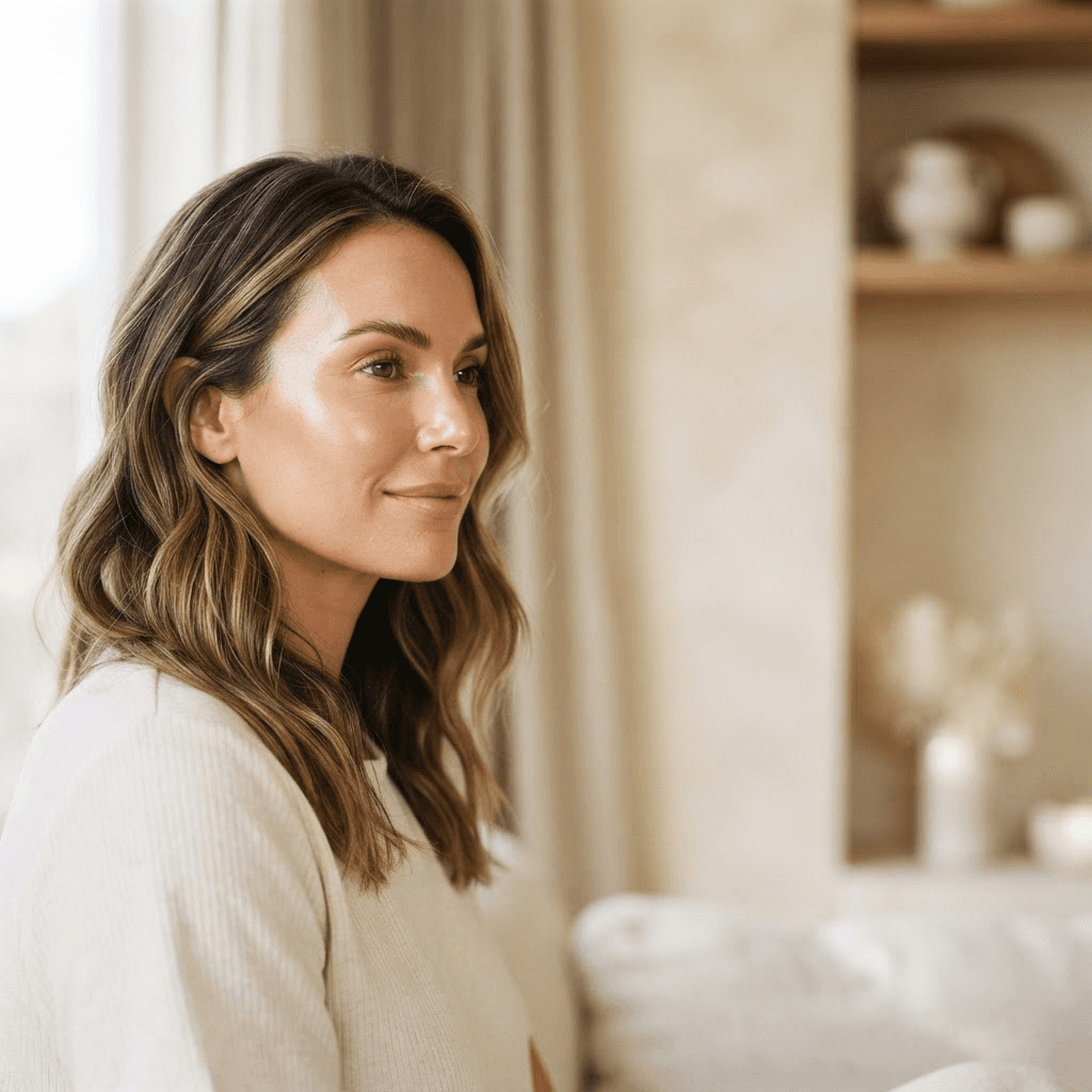Woman with radiant, healthy skin in soft natural light