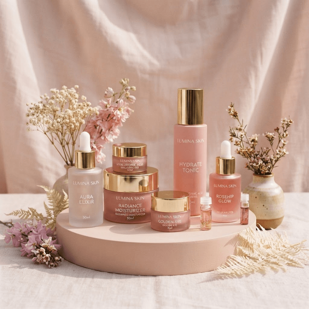 VANA skincare products arranged with flowers