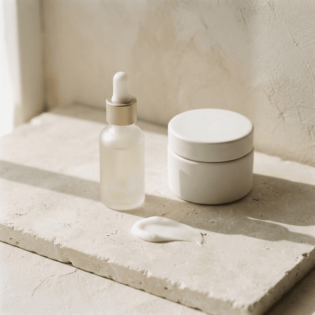 VANA serum and crème arranged on a warm plaster surface in soft morning light